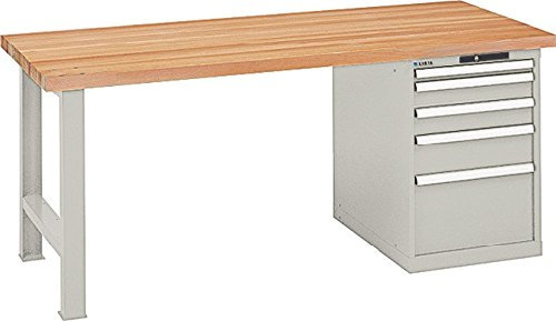 LISTA Werkbank, 1 Fuß, 1 Schubladenblock, 5 Schubl. 1x50, 2x100, 1x150, 1x300 mm, Zyl.schloss, Multiplexpl . 40 mm, BxTxH 2000x750x840 mm, RAL 7035 lichtgrau