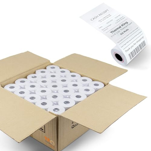 TK Thermal King, (50 Rolls) 2 1/4 50' feet White Paper Cash Register POS Receipt, Fits All Credit Card Terminal Great For Cashier Receipt Small Business Premium Quality