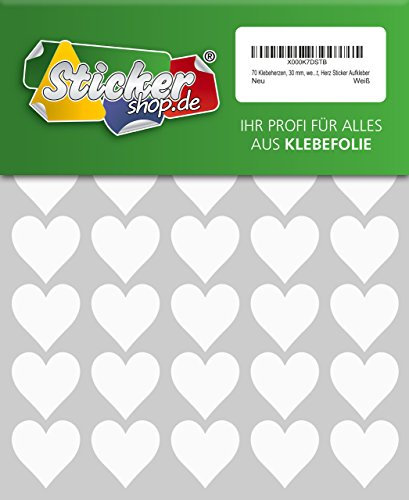 70 Klebeherzen, 30 mm, weiß, aus PVC Folie, wetterfest, Herz Sticker Aufkleber