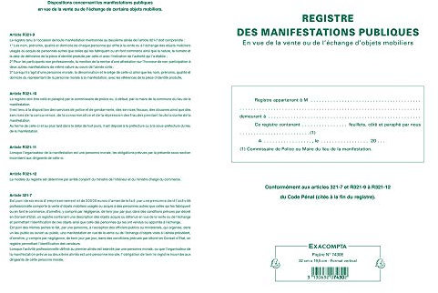 Exacompta - Réf. 7430E - 1 Piqûre Registre d'identification des vendeurs en vue d'une manifestation publique - 80 pages foliotées - format 320 x 195mm - 4 couleurs aléatoires, jaune, bleu, rouge, vert