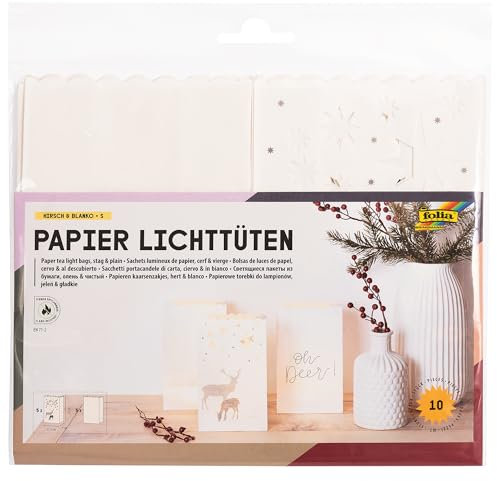 folia 11921 - Lichtertüten aus schwer entflammbarem Papier, 10 Stück, 5x blanko, 5x mit Motivdruck Hirsch, ca. 19 x 11,5 x 7 cm, stimmungsvolle Tischdekoration im Advent und zu Weihnachten