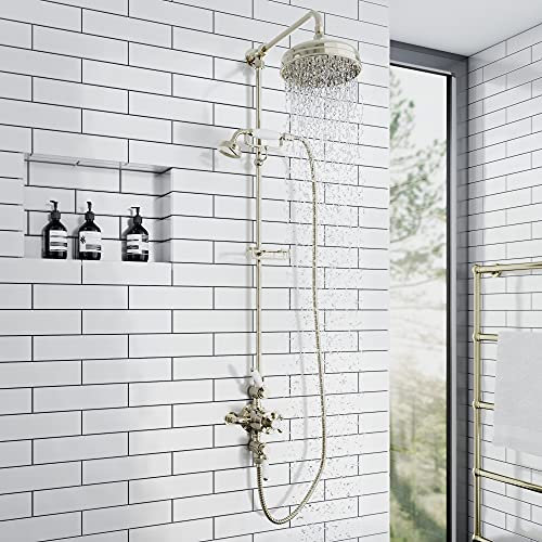 ENKI, Downton, SH0184, Shower Set with 2 showerhead outlets & Telephone Style Cradle, Triple Thermostatic Shower Valve, Gold Shower Tap for Bathrooms Showers