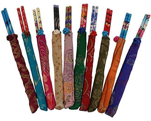 10 Pairs Chainese Wooden Chopsticks Tableware with Silk Cover Case