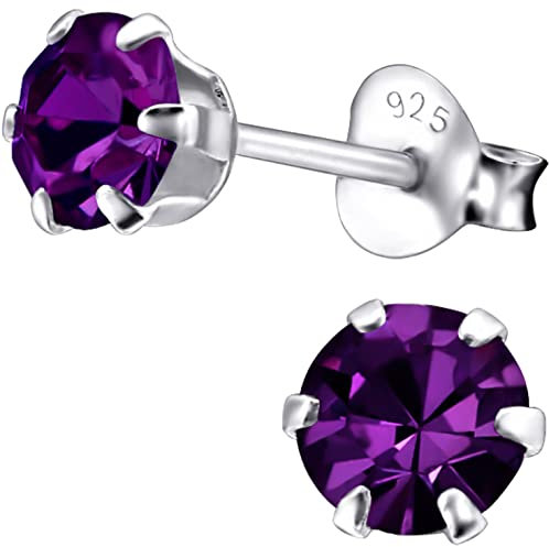 EYS JEWELRY Damen Ohrstecker 925 Sterling Silber – 5 mm runde Zirkonia Kristalle in Amehyst-Lila – Klassische Silber Ohrringe für Frauen