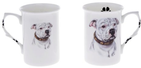 (BB58) Set of 2 Bone China BEAKERS/Mugs White Staffordshire Bull Terrier/Staffie Bull Presentation Gift Boxed- Lovely Gift