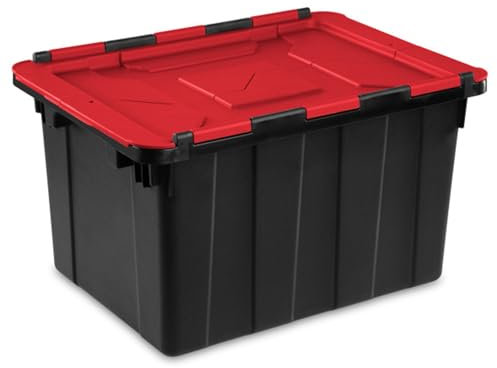 Sterilite 12 Gal Hinged Lid Industrial Tote, Stackable Storage Bin with Hinge Lid, Plastic Container to Organize Basement, Black with Red Lid, 6-Pack