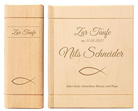 Casa Vivente Spardose mit Gravur zur Taufe in Buch-Optik, Motiv Fische, Personalisiert mit Name und Datum, Sparbüchse aus Holz, Taufgeschenk