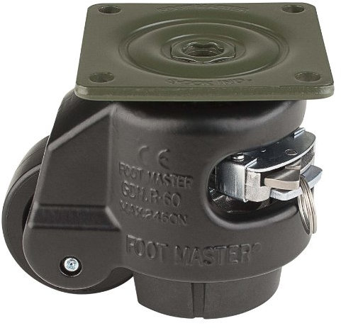 Foot Master GDR-80-F-NYN-FBL Nivellierrolle, 63 mm Nylon 66 Rad, flach schwarz, höhenverstellbare Ratsche, Plattenmontierte Lenkrolle, 500 kg Traglast