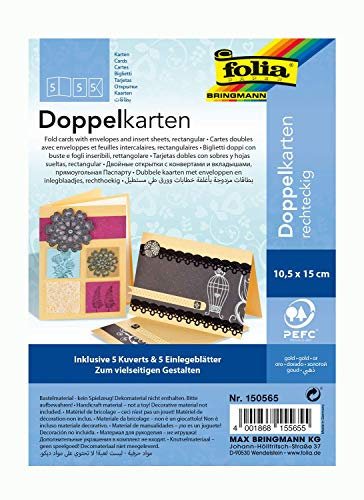 folia 150565 - Doppelkarten ca. 10,5 x 15 cm, je 5 Karten (220 g/qm), Kuverts und Einlagen, gold - ideal für Einladungen, Glückwunsch- oder Grußkarten