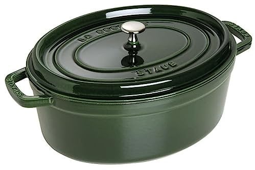 STAUB Gusseisen Bräter/Cocotte, Oval 31 cm, 5,5 L, Aromaregen Funktion für optimale Befeuchtung, Für alle Herdarten inkl. Induktion & Backofen, Basilikum/Grün