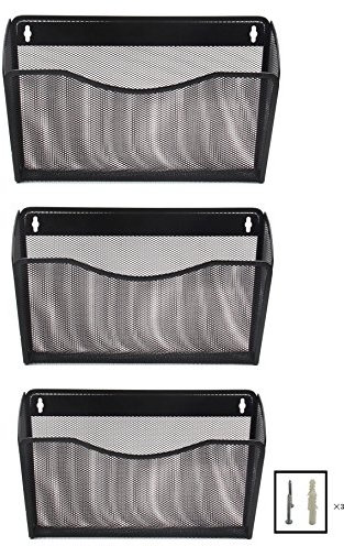 EasyPAG Porte-documents mural à 3 poches, organiseur de fichiers en maille, support mural vertical pour documents, dossiers, presse-papiers, presse-papiers, noir