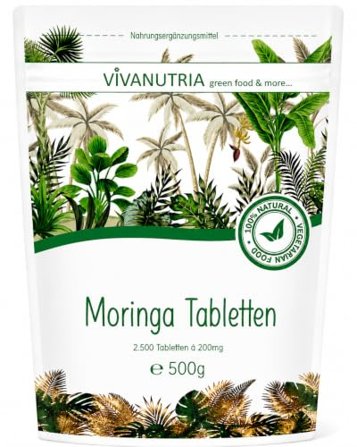 VivaNutria Moringa tabletter 2 500 tryckbubblor – 500 g Moringa oleifera-pulver, med Spirulina som naturligt tryckhjälpmedel, vegansk, storpack i påse