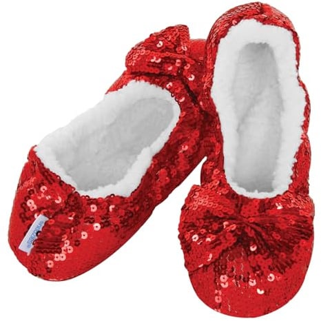 Snoozies Ladies Ballerina Bling Slippers UK 6-7 Large Ruby Red – Cozy Sherpa Fleece Lined Sequin House Shoes