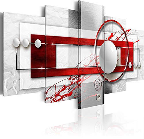 B&D XXL - Leinwand Bilder Abstrakt 200x100 cm Vlies Leinwandbild 5 tlg Kunstdruck modern Wandbilder Groß XXL Wanddekoration Design Wand Bild - geometrische Muster Kreise Textur rot grau weiß