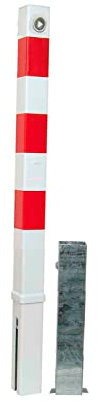 UvV Absperrpfosten Stahl 900 x 70x70 mm, mit DIN Dreikantverschluss herausnehmbar, Pulverbeschichtet, 3 rot reflektierende Streifen, Bodenhülse
