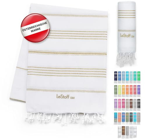 LeStoff Hamamtuch - 100% Bio-Baumwolle, 95 x 180 cm, Vorgewaschen, Saugstark, Schnelltrocknend, Leicht, Schick, Glitzer, Badehandtuch Damen, Strandtuch Damen, Badetuch groß (Weiss - Gold)