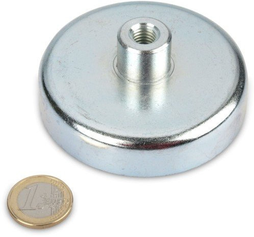 magnets4you - Pinza piatta ferrite con presa filettata | Ø 80 x 18 mm | Filettatura: M10 | Forza di tenuta: 61 kg | Pentola in acciaio zincato, utilizzabile fino a 200°C