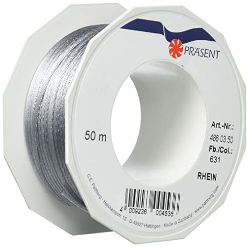 PRÄSENT C.E. Pattberg RHEIN Fil Queue de Rat Argent, Bobine de 50 m Cordon Satin pour Bracelet, cordelette Collier, Largeur 3 mm, Emballage Cadeau, Accessoire de décoration