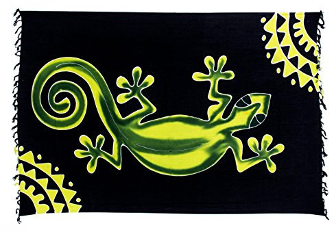 Kascha Sarong Pareo Wickelrock Strandtuch Tuch Wickeltuch Handtuch - Blickdicht - ca. 170cm x 110cm - Schwarz Gelb Grün mit Gecko Motiv Handgefertigt inkl. Kokos Schnalle in Rauteform