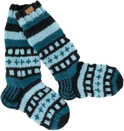 GURU SHOP Handgestrickte Schafwollsocken, Nepal Socken - Petrol, Herren/Damen, Size:M (37-39)