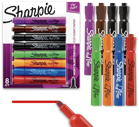 Sharpie Flip Chart Markers, Bullet Tip, Assorted Colors, Low-Odor, Squeak-Fee, 8 Count - Office Presentation, Back to School, Teacher Supplies