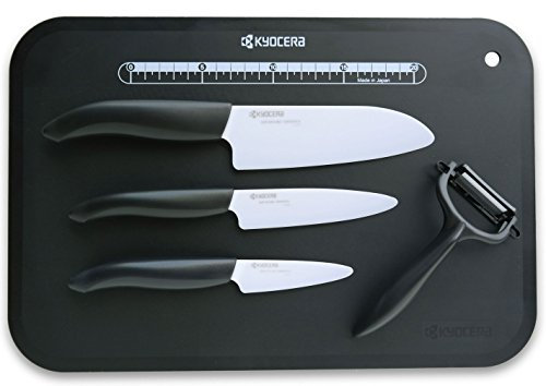 Kyocera Lot de couteaux en céramique Couteau santoku, couteau universel et couteau d'office Comprend un éplucheur en céramique et une planche à découper Noir