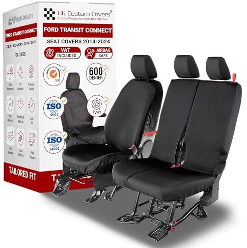 To Fit Ford Transit Connect Seat Covers 2014-2024 Front Set | Waterproof & Heavy Duty, Airbag Compatible, Easy To Fit - Tailored Driver & Double Passenger Black