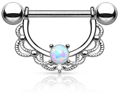 Paula & Fritz® Brustwarzen-Piercing Brustpiercing Frau Maenner Intimpiercing Mann Nippelpiercing Edelstahl Chirurgenstahl 316L Filigraner Bogen Opal Silber, Gelbgold, Roségold K11003-16_ST