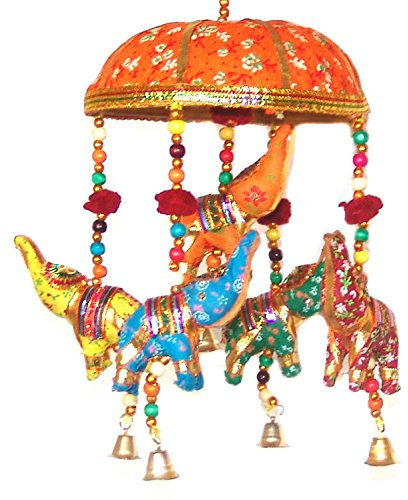 Indian Traditional Elephant Orange Umbrella Hanging Layer Of Five Elephant Door Hanging , Decorative Hanging by Rastogi Handicrafts