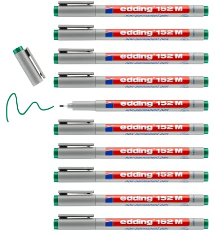 edding 152 M non-permanent pen - green - 10 pens - round nib 1 mm - pen for writing on glass, plastic, foils and smooth surfaces - quick-drying, can be corrected with water
