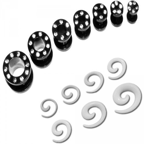 Soul-Cats Flesh Tunnel Set Tunnelset Dehnset Dehner Straß Kristall schwarz Silber Gold, Auswahl: Set Tunnel schwarz & Schnecke weiß