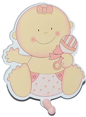 Garderobenhaken - Baby mit Rassel - aus Holz rosa Kinder mit 1 Haken - Kinderzimmer Garderobe Kleiderhaken Wandhaken/Badezimmerhaken - Handtuchhaken Wandgar..