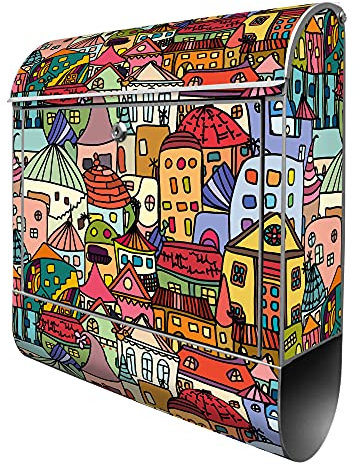 banjado® Design Briefkasten mit Funky Town 38,5x46,5x13cm & 2 Schlüssel - Briefkasten Stahl Silber mit Zeitungsfach pulverbeschichtet - Postkasten A4 Einwurf inkl. Montagematerial