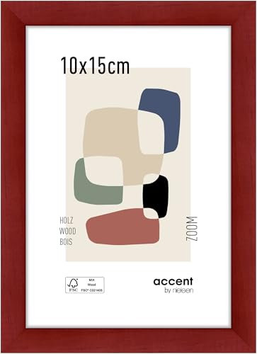 accent by nielsen Bilderrahmen, 10 x 15 cm, Holz, Rot, Fotorahmen zum Auftstellen und Aufhängen im Hoch- & Querformat, Echtglas, Zoom