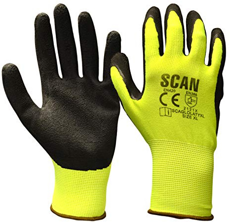 Scan SCAGLOLATYXL Latex Foam Gloves - Hi-Vis Yellow 13G - Size 10