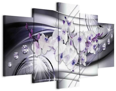 B&D XXL - Wandbilder XXL Abstrakt 100x50cm 5 tlg - Wand Deko Leinwand Bilder Groß Wanddeko Wohnzimmer Schlafzimmer Kunstdrucke - Blumen Orchidee Diamant b-A-0238-b-p