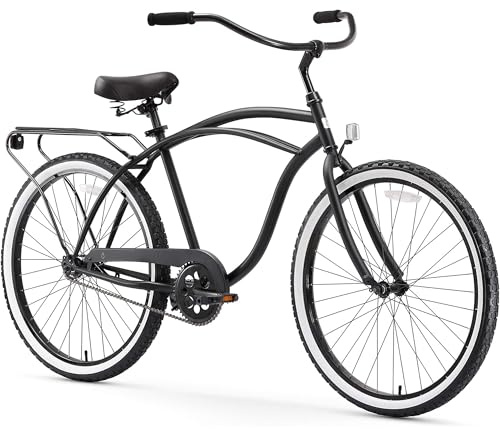 sixthreezero Around The Block Men's Beach Cruiser Bike, Single Speed Step-Through Touring Hybrid Bicycle with Rear Rack, 26 Inch Wheels, Matte Black