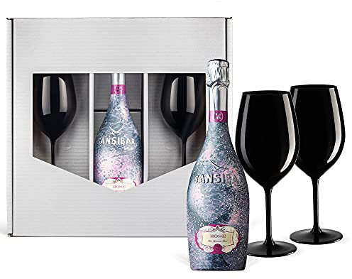 Coffret cadeau Zanzibar Rosé Spumante (0,75 l) y compris 2 coupes à champagne en verre cristallin noir/luxe Ice Rose