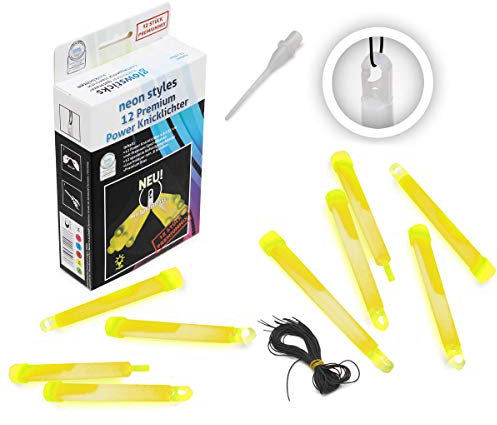 KNIXS 12er Set Premium Power-Knicklichter in gelb leuchtend inkl. Spezialhaken und Befestigungsband für Party, Festival, Outdoor oder als Dekoration
