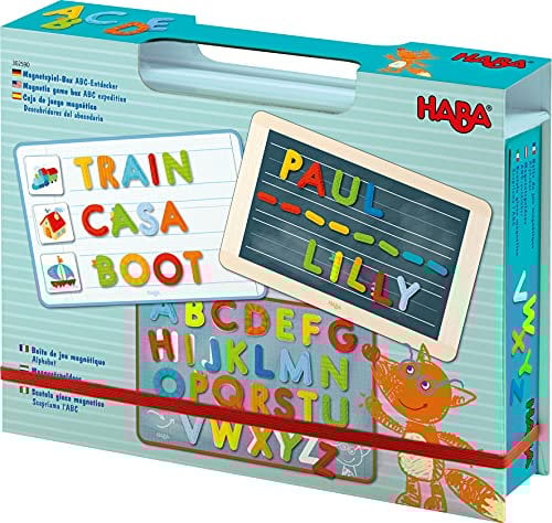 HABA 302590 - Magnetspiel-Box ABC-Entdecker, Fröhlich-buntes Buchstaben-Legespiel ab 4 Jahren, Zum spielerischen Kennenlernen des Alphabets und Schreiben erster Wörter
