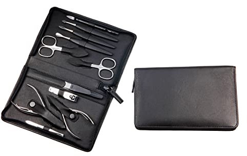 Sonnenschein by Hans Kniebes – 11-tlg. Maniküre Set – Nagelschere, Hautschere, Nagelzangen, Pinzette, Feile, Knipser – Maniküre-Etui aus Nappa-Lammleder Schwarz