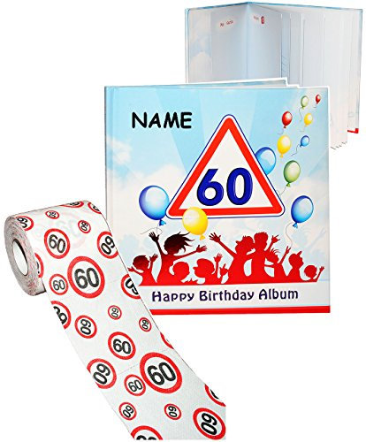 alles-meine.de GmbH 2 TLG. Set Geburtstag - 60 Jahre - Happy Birthday - incl. Name - Erinnerungsalbum/Fotoalbum + Toilettenpapier Rolle - Gebunden zum Einkleben & Eintrag..
