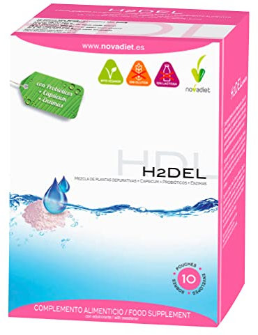 Novadiet – H2DEL Sobres con Mezcla extractos de Plantas (Cola de Caballo, Hibisco, etc), Capsicum y Probióticos, Ayuda al Control Peso, Obesidad, Adelgazar y Facilita la Depuración y Detox – 10 Sobres