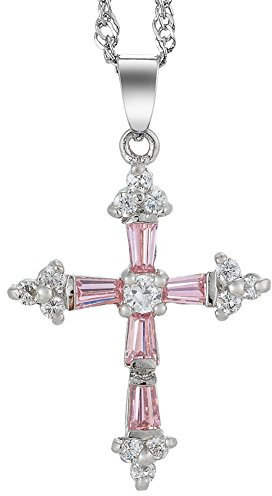 RIVA Kruzifix Kreuz Anhänger mit 45cm(18) Kette & Trapezschliff Edelstein Zirkonia CZ [Rosa Saphir] in 18K Weißes Gold Vergoldet, Einfache Moderne Eleganz