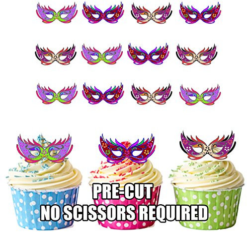 AK Giftshop PRE-CUT Masquerade Ball Masks Cartoon Mix - Edible Cupcake Toppers/Cake Decorations (Pack of 12)