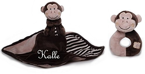 Baby Kuscheltuch Affe mit Namen bestickt + Rassel Greifling