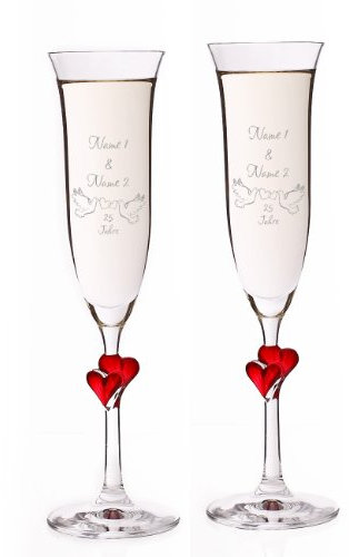 Stölzle Lausitz 2er Set L'Amour Sektgläser mit roten Herzen zur Silberhochzeit - Gravur mit Namen