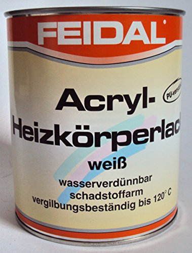 Feidal Acryl Heizkörperlack, Weiss Glänzend, wasserverdünnbar, PU-verstärkt, vergilbungsbeständig bis 120°C / 750 ml