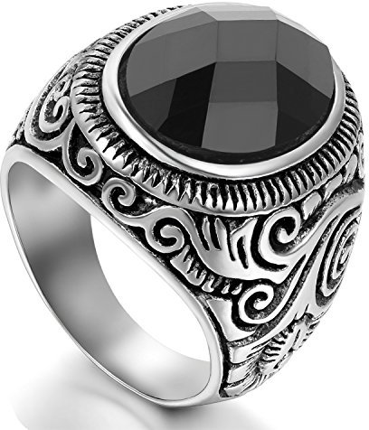 Flongo Edelstahl Glas Ring Ringe Schwarz Silber Blume Gravierte Gravur Biker Retro Herren 62mm