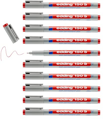 edding 150 S non-permanent pen - red - 10 pens - round nib 0.3 mm - pen for writing on glass, plastic, foils and smooth surfaces - quick-drying, can be corrected with water